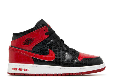 Air Jordan 1 Mid "Black + Red = Bred" (Text) GS